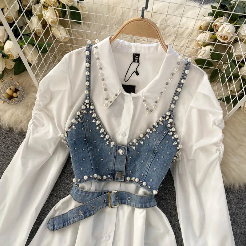 Mother Matching Diamonds Pearls and Denim White Shirt Dress
