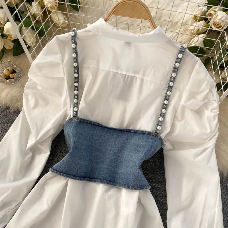 Mother Matching Diamonds Pearls and Denim White Shirt Dress