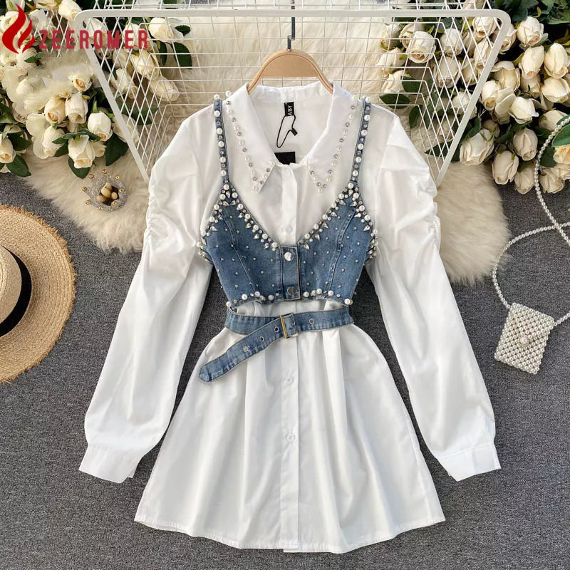 Mother Matching Diamonds Pearls and Denim White Shirt Dress