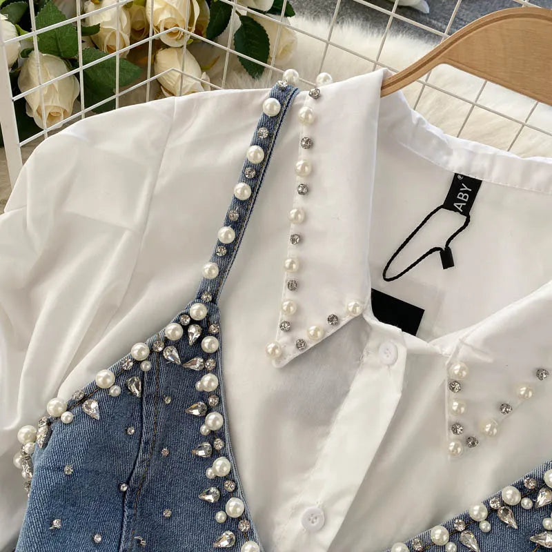 Mother Matching Diamonds Pearls and Denim White Shirt Dress